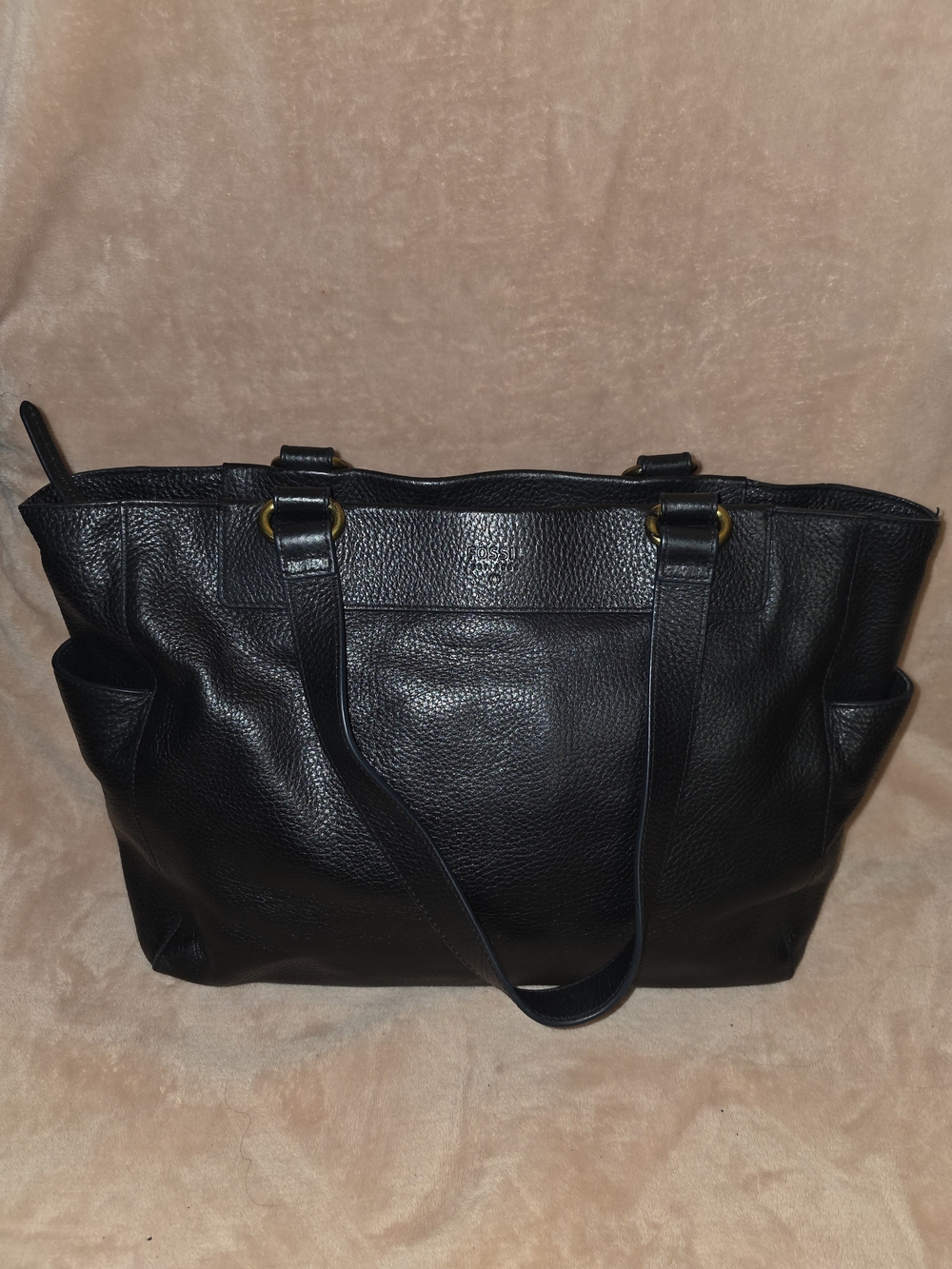 Fossil Black Leather Tote with Side Pockets